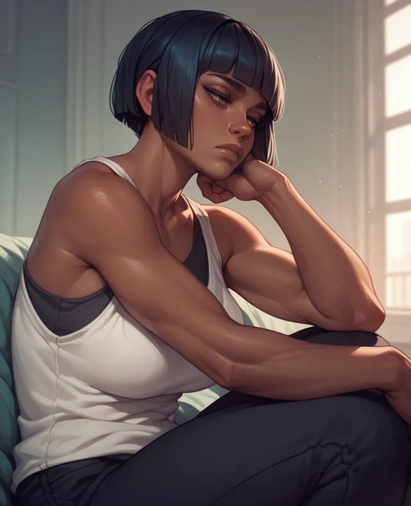 tall girl,blunt cut hair,Huge boobs, giant boobs,dark skin,calm look, Expressionless, tired, Tank Top,  black pants