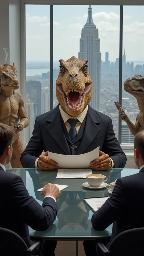 "An imposing Tyrannosaurus Rex, dressed in an elegant, well-fitting suit, sitting in a sophisticated meeting room in a modern skyscraper. He holds a cup of steaming coffee in his small claws, with a serious and focused expression, as if analyzing an import...