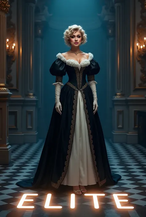 Hot Duchess of the 18th Century, well-groomed short curly blond hair, blue eyes, 40-year-old adult , of tanned skin, full body, long black and white duchess outfit, with silk gloves,  elegant. the background of a palace with the text "Elite " illuminated o...