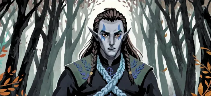 2D ART, hyper detailed gouache painting, illustration, gougoupaintleaves style, portrait of a man, 1boy, solo, long_hair, braided brown hair, high_ponytail_hairstyle, male_drow:1.5, dark elf, black eyes, black_sclera, detailed face, handsome features, dark...