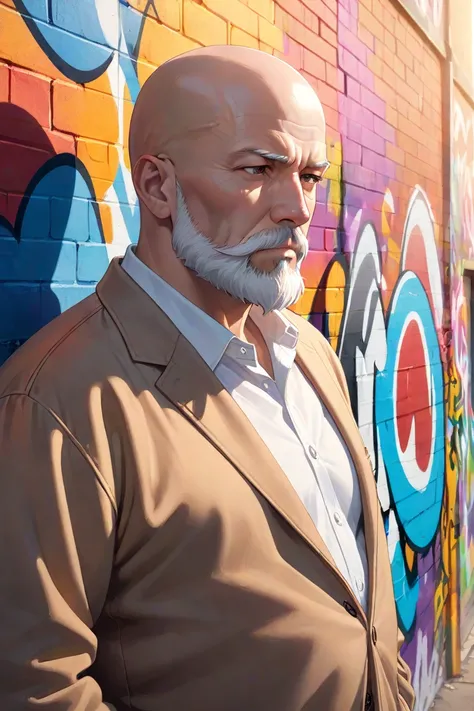 45year-old man with a bald head and a long, white, well-groomed beard, in front of a grafitti colour wall