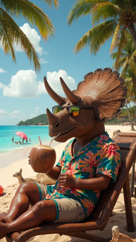 "A stylish Triceratops relaxes on a paradisiacal tropical beach, lying on a wooden lounger. He wears a colorful Hawaiian shirt, mirrored sunglasses and holds a coconut with a straw, enjoying the refreshing drink. The sea breeze gently rocks the palm trees ...