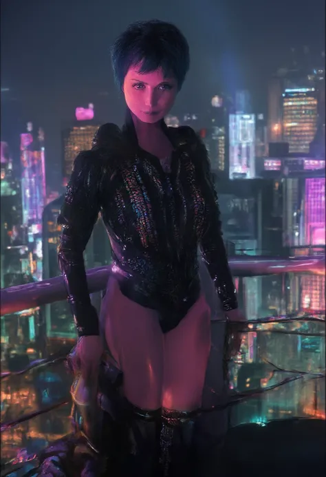 Create a realistic photo featuring a sultry and confident young woman in a futuristic, cyberpunk setting. The character should have short, spiky, neon-blue hair with dark roots, styled in a messy, edgy fashion. Her eyes should be large and captivating, wit...