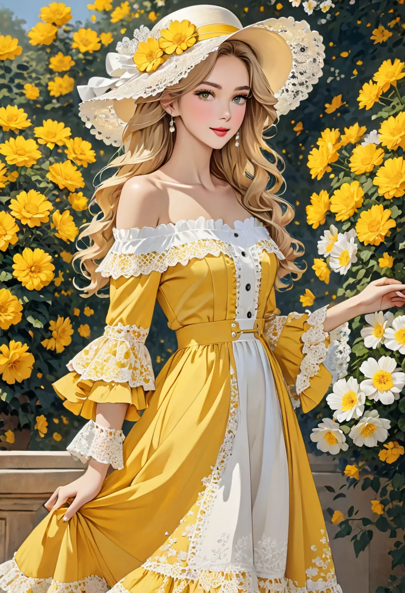 The image shows a man, dressed in a stylish outfit, consisting of tone off shoulder dress with yellow and white lace ruffles. The sleeves are decorated with intricate lace patterns. The person also has long, wavy blond hair and wears a large, an elegant wh...