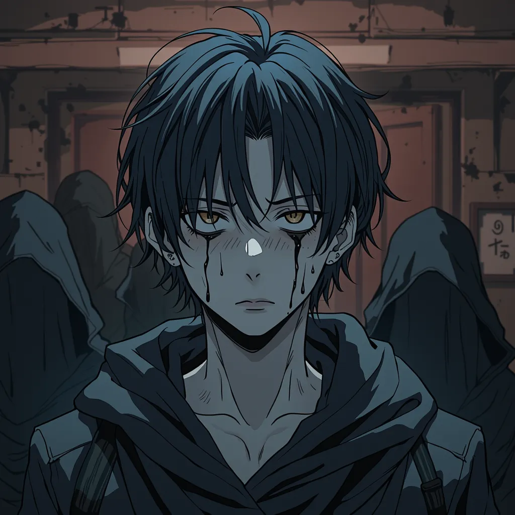 Tired anime looking Guy with visibly big black circles under his eyes with scary shadows behind him looking like depression with dead inside expression disturbing and scary