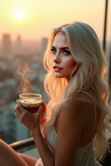 A beautiful Instagram model with long white hair and green eyes is sitting on her balcony at sunrise, sipping on herbal tea. She gazes out at the city waking up below, her expression full of quiet gratitude.