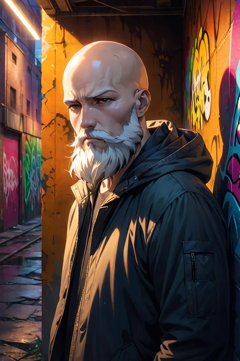 man with a bald head and a long, white, well-groomed beard, in front of a grafitti colour wall