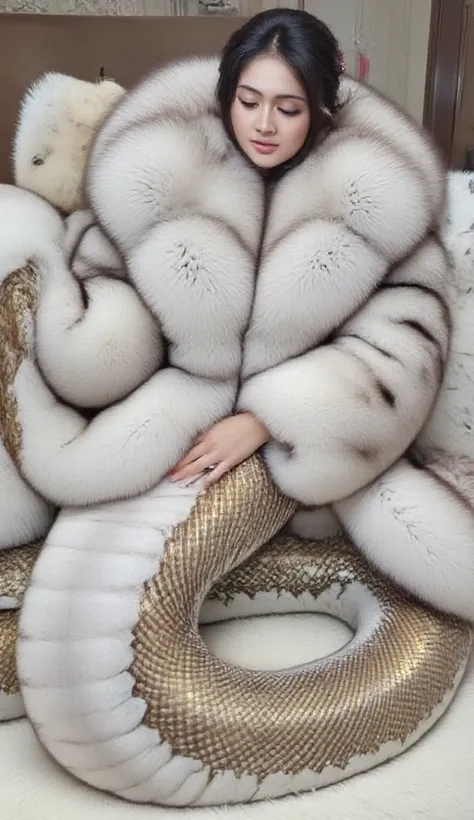   beautiful asian lady who is lamia, naga, snake queen is wearing a big fluffy fox fur coat with big fur collar,  surrounded by the huge plushie. She is sleeping at fur bed, her snake tail color is brown white and gold color, looking at her tail 