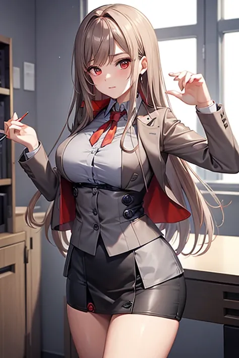 Game ,   Goddess of Victory Nikke ,  Neat  ,  light brown hair,  魅惑的な瞳 , beautiful face ,  crystal red eyes  ,   long hair, ((Grey Office Suit Jacket)) , ((  gray pencil skirt )) , Chest,  G-cup chest facing directly , Slim waist,  charming thighs, Five fi...