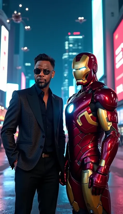 C4 Pedro and Iron Man, standing side by side in a futuristic city at night, illuminated by glowing blue and red neon lights reflecting off sleek skyscrapers and high-tech billboards. C4 Pedro is dressed in an elegant black suit with a shimmering texture, a...