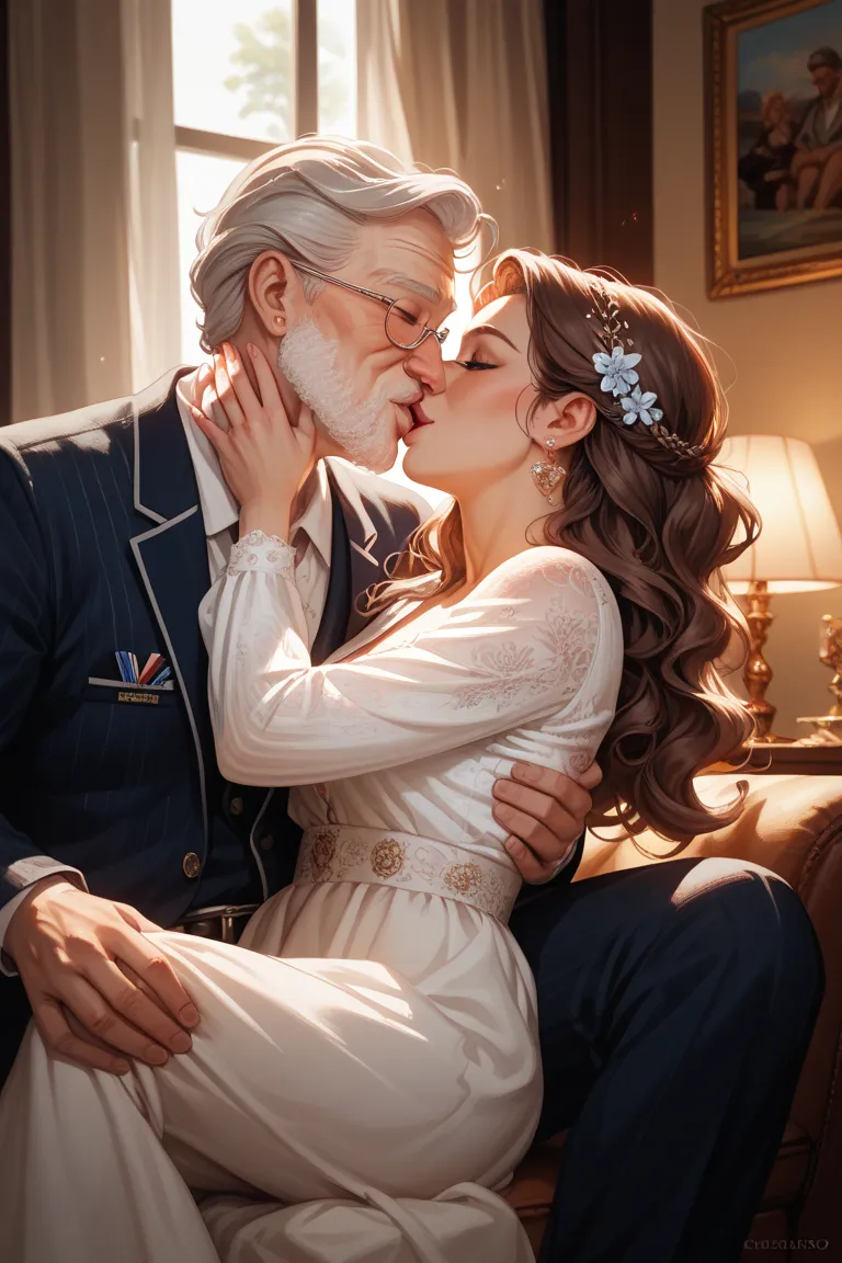 Please give me an illustration of a gray-haired ISTJ man kissing an INFP woman and a lovey-dovey。