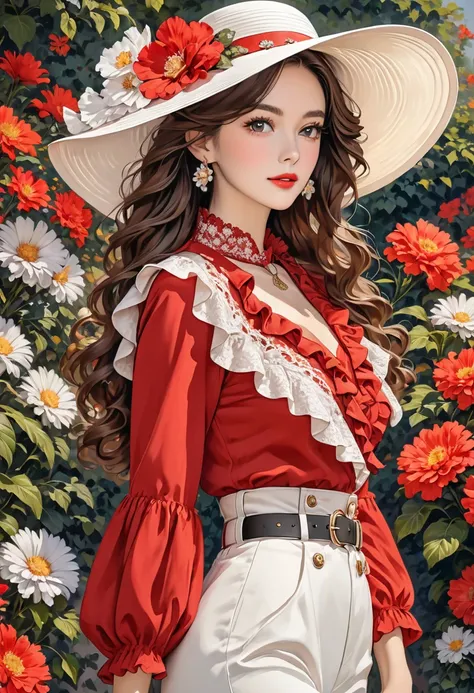 The image shows a woman in a stylish, wide-brimmed white hat, decorated with flowers.  She has a long , wavy hair falls on her shoulders. She is wearing an open red blouse with frills and lace details and a white belt with a decorative buckle. The overall ...