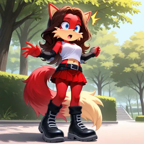  Masterpiece , Better quality, amazing quality, very aesthetic, absurdities, Sonic \(series\),  Fiona Lisa , 1girl,  fluffy woman,  happy, Blue eyes,  red pleated skirt,  navel,  ,  standing, white t-shirts ,  sleeveless shirt ,  middle chest,  red fur,  t...