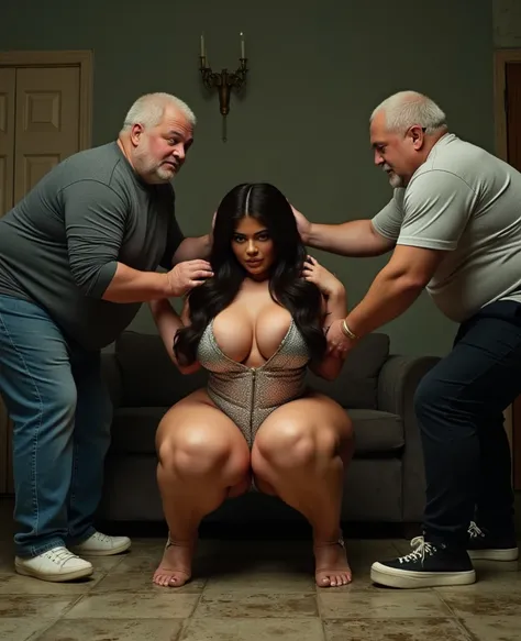 kylie jenner, 22, performing a deep front squat on a grimy bedroom floor, her voluminous gluteals stealing the scene, as three 87-year-old obese men in various states, they grope her from different angles, their lecherous intent palpable in the oppressive ...