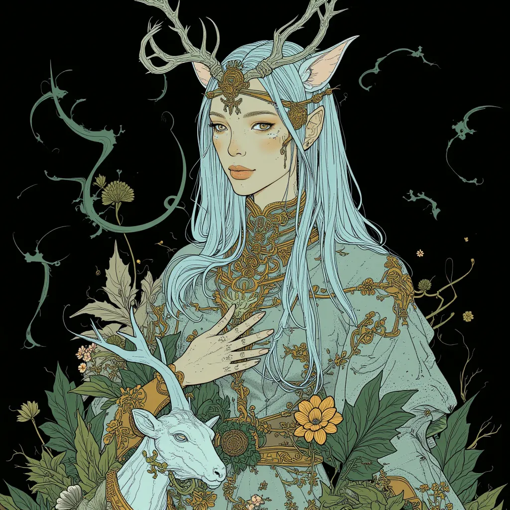 Art by Milo Manara, sensual Female elf, in ornate dress, beautiful, beautiful, stunning, (white flowing hair), (deer antlers on her head), (pointed ears), dragon age elven goddess, perfectly proportioned body, flowers, leaves, white deer, omnilight, Ross T...