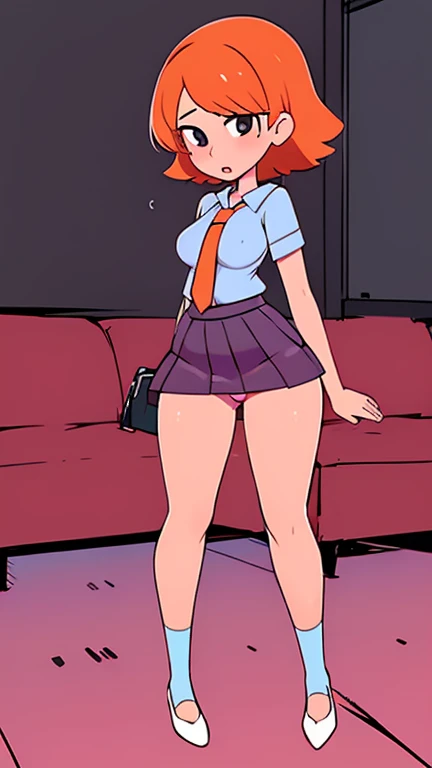 ((1girl,  a girl sexy attractive beautiful cool popular short orange hair disheveled cut light red lip))
((wears long light blue button shirt sensual curves and a short purple miniskirt pair short blue socks legs white heel)), 
(((living room class))), (((...