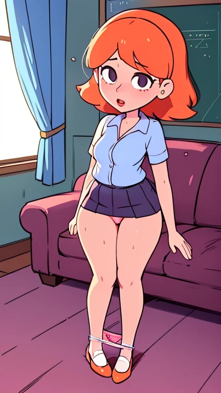 ((1girl,  a girl sexy attractive beautiful cool popular short orange hair disheveled cut light red lip))
((wears long light blue button shirt sensual curves and a short purple miniskirt pair short blue socks legs white heel)), 
(((living room class))), (((...