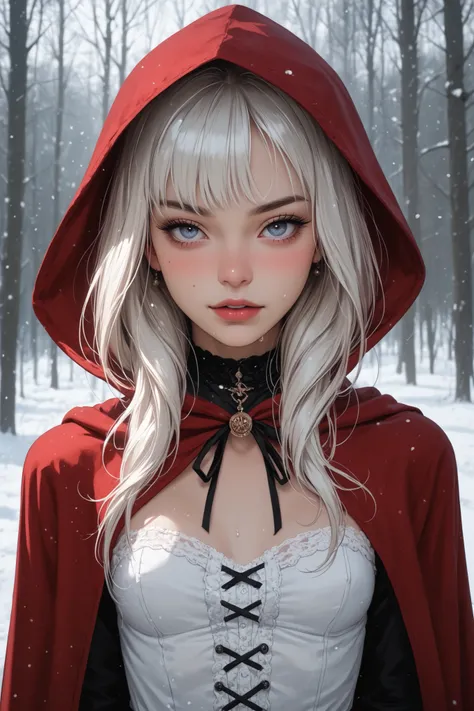 1GIRL, LITTLE RED RIDING HOOD AND THE BIG WOLF, DARK LIGHTING, COLD NOSE, BLUSH ON CHEEKS, BLUSH ON NOSE, TONED BELLY, SMALL BRAST, SLIM BODY, masterpiece, best quality.