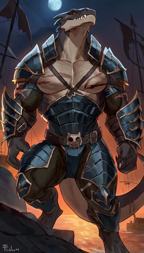 Muscular lizardfolk, solo, anthro lizard, detailed skin, strong, wearing demonic armor, metallic scales, scars on body, 1male solo, full bodysuit, anthro, muscular, big muscles, small waist, thick tail, marked jaw, armor on legs, full body, comicbook style...