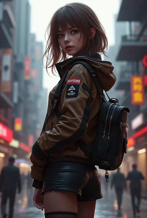 ((,((cyberpunk,cyberpunk city:1.4)),brown hair,((detailed cyberpunk jacket,black shorts,black pantyhose,cool girl)),)),((masterpiece)), ((best quality)), (ultra-detailed), ((extremely detailed cg)), ((an extremely delicate)), (perfect lighting), ((8k)), (d...