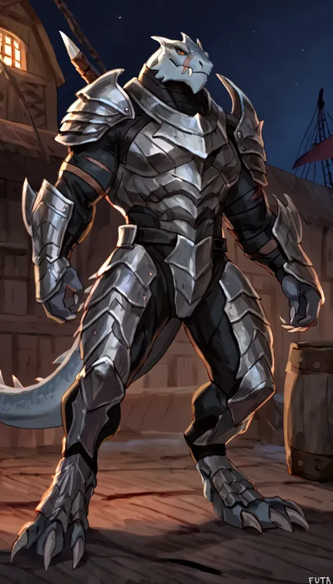 Muscular lizardfolk, solo, anthro lizard, detailed gray skin, strong, wearing demonic armor, metallic scales, scars on body, 1male solo, full bodysuit, anthro, muscular, big muscles, small waist, thick tail, marked jaw, armor on legs, full body, comicbook ...