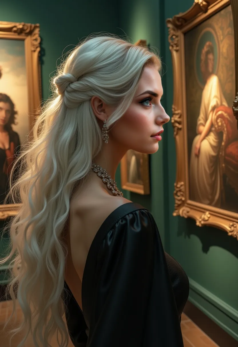 A beautiful Instagram model with long white hair and green eyes is at an exclusive art gallery, admiring a breathtaking painting. The dim lighting casts a soft glow on her features, her poised stance radiating sophistication.