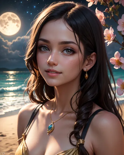 The edge of a beach with galaxy skies and fantasy waters with the moon shining golden And a tree near the screen with pink flowers and precious stones scattered across the sand 