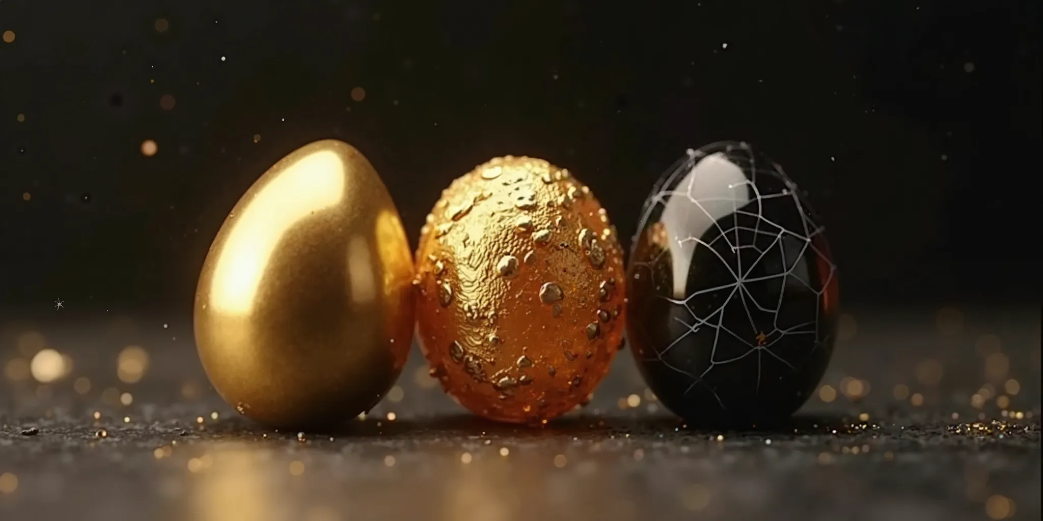 A stunning, hyper-realistic 4K cinematic image showcasing three exquisite materials side by side: pure gold, bdellium, and onyx stone. The gold has a smooth, reflective surface, radiating a rich, warm glow under soft, directional lighting. The bdellium app...