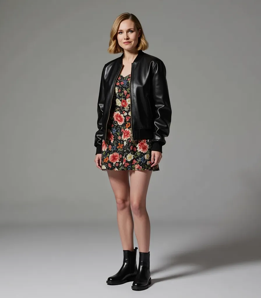 Sanna Marin in a black leather bomber jacket, short flowery dress, black chelsea boots