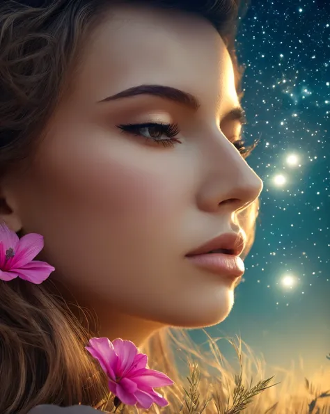 A scenario The edge of a beach with galaxy skies and fantasy waters with the moon shining golden And a tree near the screen with pink flowers and precious stones scattered across the sand 