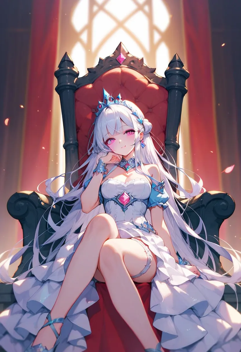  hot anime girl with extremely long WHITE hair and pink eyes  and wearing a princess tiara crown.. and a princess  dress and is sitting on a throne...