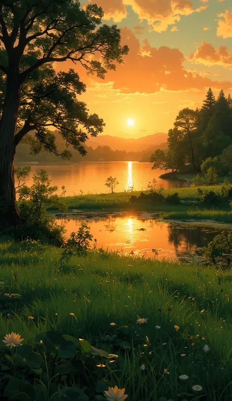 Hot summer evening,green bushes,orange sunset,green field in front,lake,wavy water,lotuses,beautiful anime scenery, anime landscape wallpaper, anime scenery, anime nature, anime nature wallpaper, anime landscape, anime background art, anime background, ani...