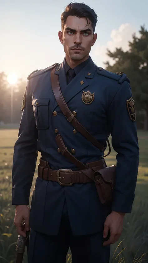 professional photo of pat32 in simple brown empire travel uniform with rank insignia on arms and leather belts, brown uniform, bullet bandolier, heathl male_focus, KTemplar, perfect eyes, upper body shot low lighting, moody, large depth of field, warhammer...