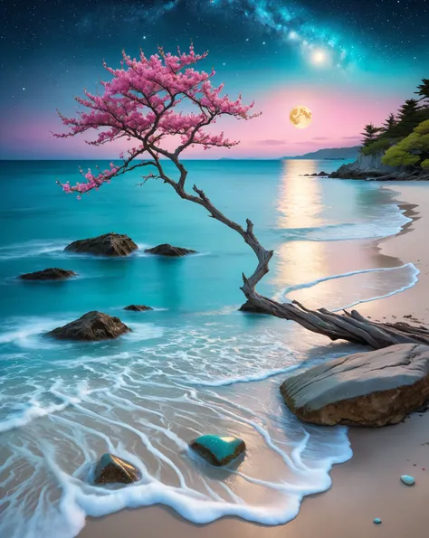 A scenario The edge of a beach with galaxy skies and fantasy waters with the moon shining golden And a tree near the screen with pink flowers and precious stones scattered across the sand 