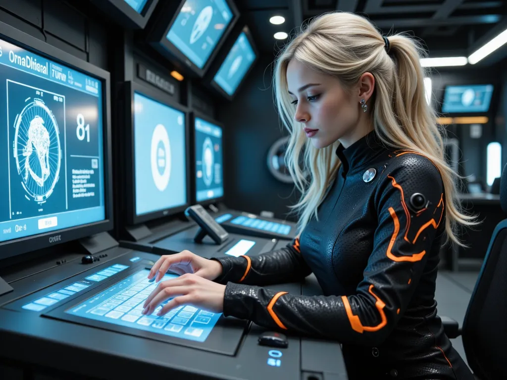 Masterpiece, best quality, highly detailed, a blonde woman with long flowing hair and a focused expression in a sleek black nano carbon and orange neon lines futuristic costume  typing on a vibrant blue holographic screen floating in front of her face in a...