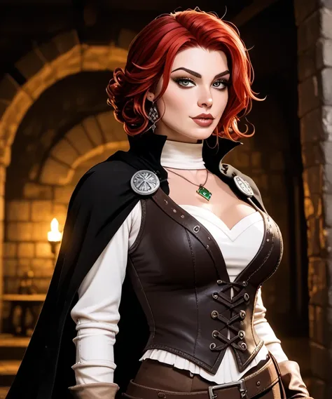 Looks about 20 years old. medieval RPG character, (((Very seductive and sultry.))) (D&D rogue character:1.2), Female fantasy character with attractive  features. Short black hair with red highlights. Dark clothing. Seductive. Alluring. Very sexy and sultry...