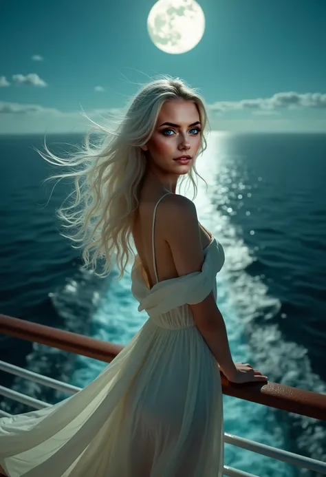 A beautiful Instagram model with long white hair and green eyes is standing on the deck of a cruise ship, her silk dress flowing in the ocean breeze. The full moon shines above, adding to the dreamlike atmosphere.