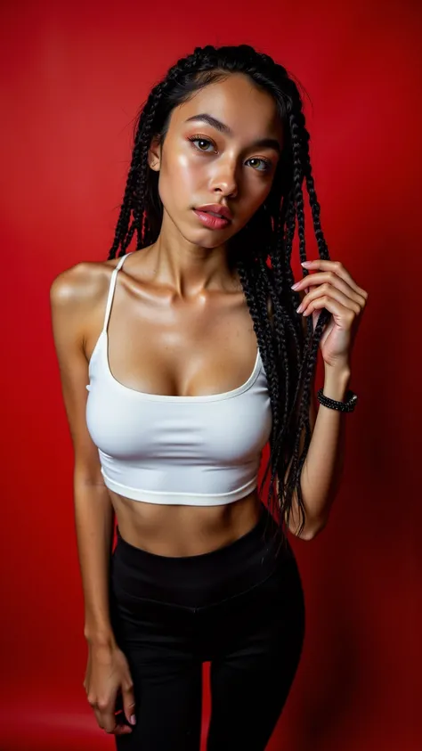 Beautiful young Colombian woman, green eyes, black hair in long braids, luscious lips, dimples, white skin, wet white tank top and black sports leggings, posing against a red background, artificial studio lighting, photo for an Instagram post, digital infl...