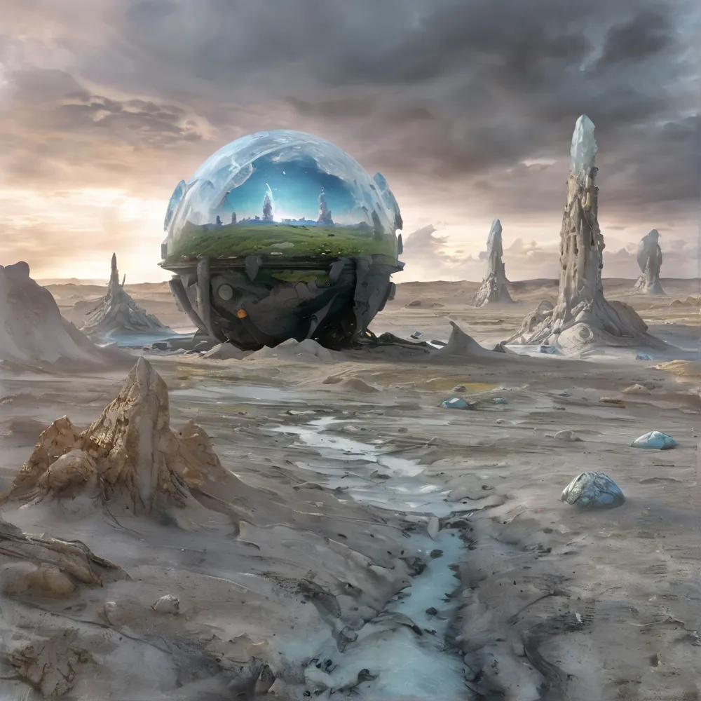 Realistic photo in RAW format, Come up with an alien landscape, if somewhere far away there was a crystal planet high texture smoothing, high resolution objects, 32K, hyper detail, Surreal sci-fi style, DAZ 3D, Realistic brush strokes, 