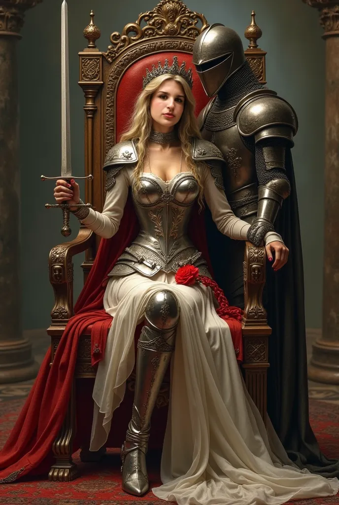 so a female knight and a princess the princess is sitting on her throne and the knight standing behind her
her legs were chained and she was holding her crown 
the knight on the other hand was holding her sword and a red flower but her arms were chained
th...