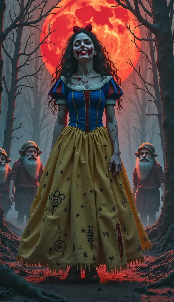 A terrifying, ultra-realistic horror reimagining of Snow White, standing in a cursed, dead forest under a massive blood-red moon. Her pale skin is almost lifeless, with dark, inky veins creeping up her arms and neck. Her eyes glow an unnatural fiery red, s...