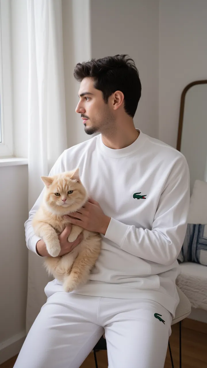 young handsome turkish guy with dark short hair and goatee beard he wears joggingsuit in white lacoste he has a yellow cat in his hand he sits amateur photo random picture natural realistic he sits like a boss, a photo not like a AI he looks left he is in ...