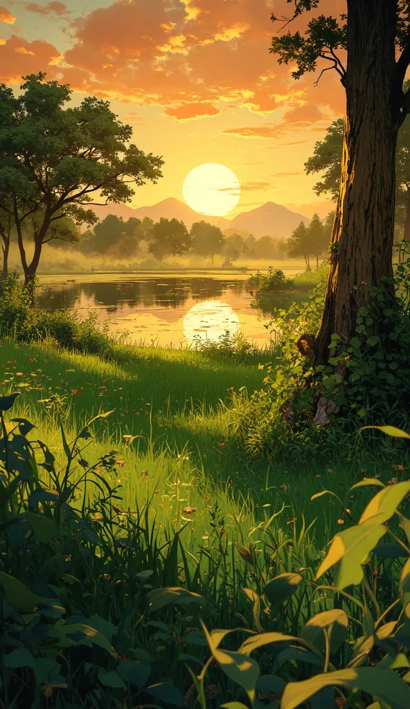 Hot summer evening,green bushes,orange sunset,green field in front,lake,wavy water,duckweed,beautiful anime scenery, anime landscape wallpaper, anime scenery, anime nature, anime nature wallpaper, anime landscape, anime background art, anime background, an...