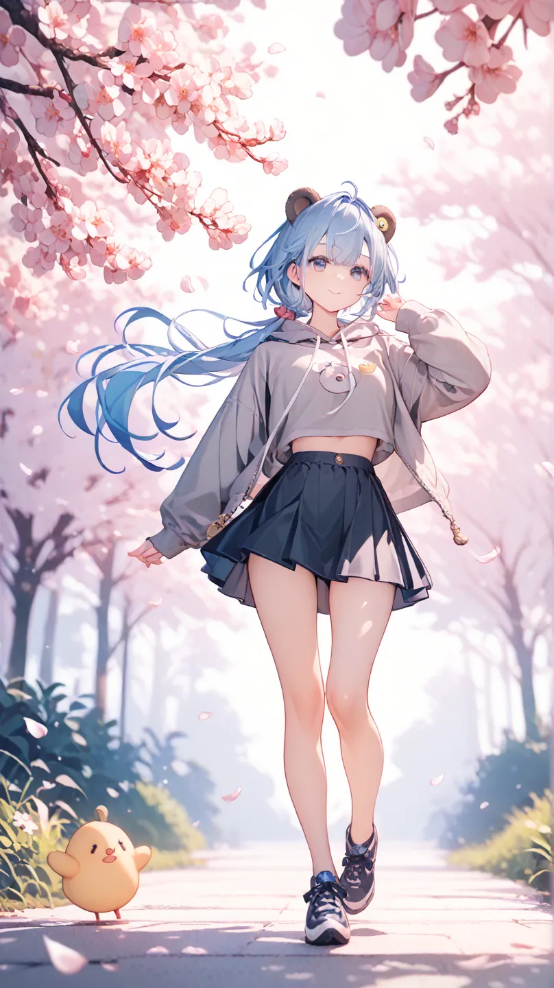 (Sato Mio:1), highest quality, blue hair, heart, high resolution, source anime, ultra detail, cherry blossoms, full body, bear ears, chick accessories, one girl, long hair, teddy bear, low ponytail, medium bust, beautifully detailed eyes, gray hoodie, mini...