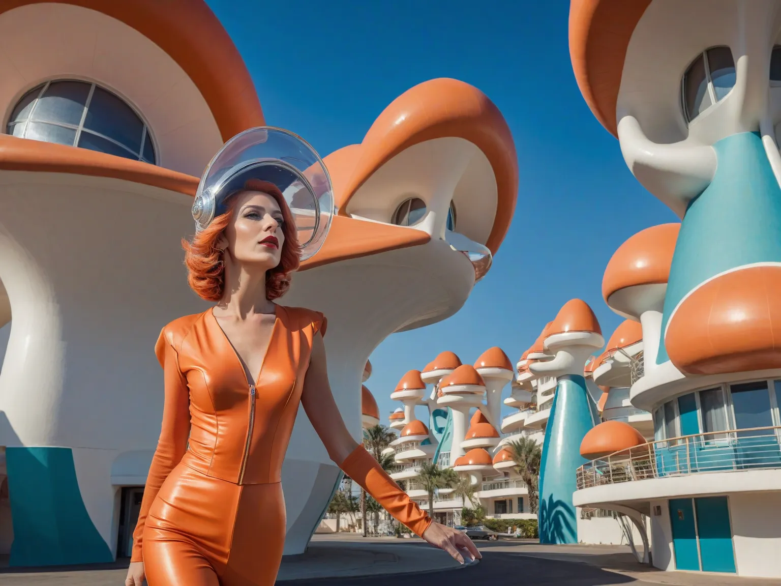 bâtiment à arafes avec un dôme et un toit circulaire, architecture Googie, Architecture martienne, architecture unique!, architecture extraterrestre, esthétique kitsch Googie, Dans un palais désertique futuriste, architecture arrondie, âge atomique maximal...