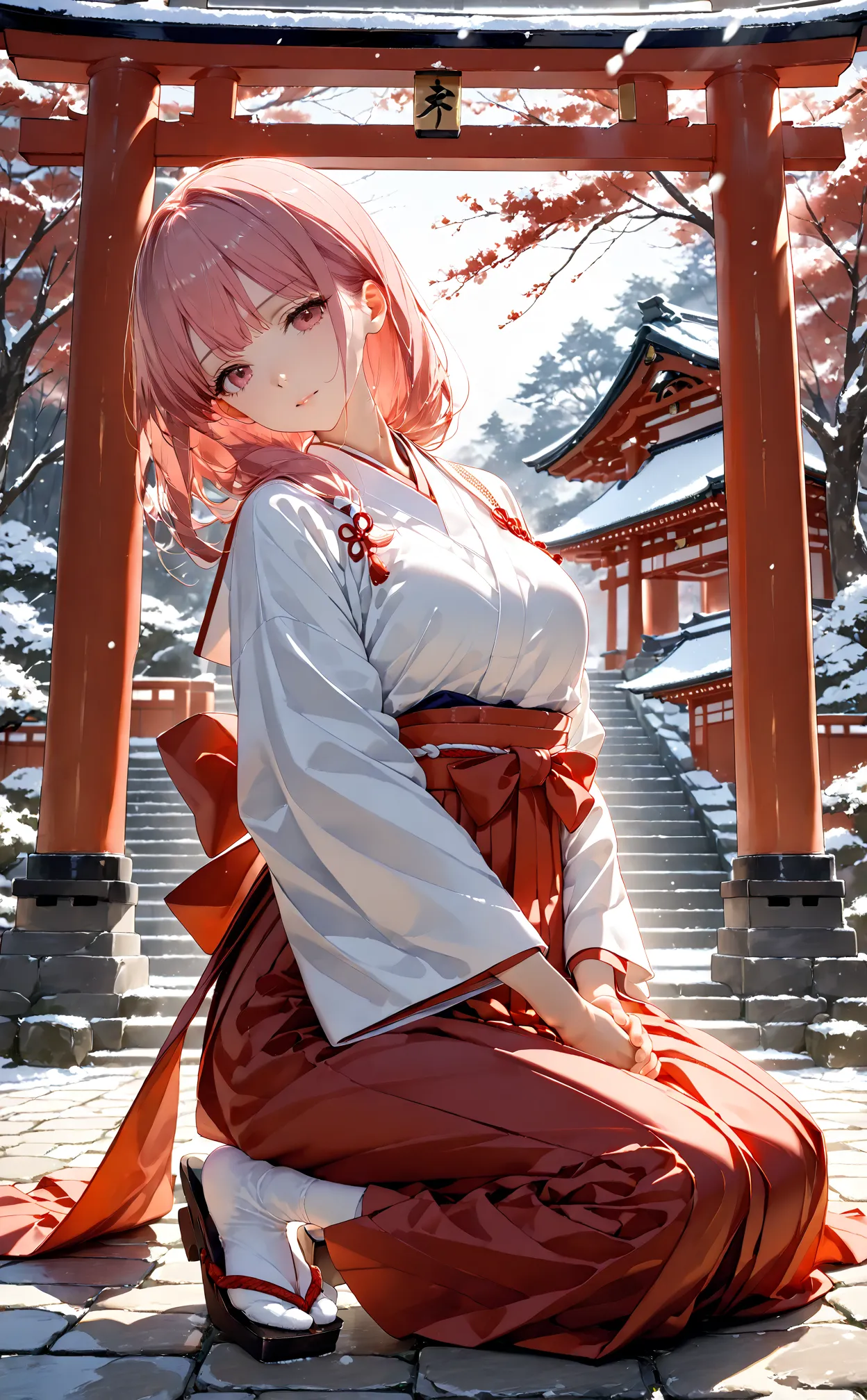 masterpiece, ultra quality, official art, 8k, beautiful and aesthetic, extremely detailed, highly detailed face, delicate facial features, realistic skin, soft lighting, solemn atmosphere, cinematic composition,
1 miko (shrine maiden), solo, kneeling in se...