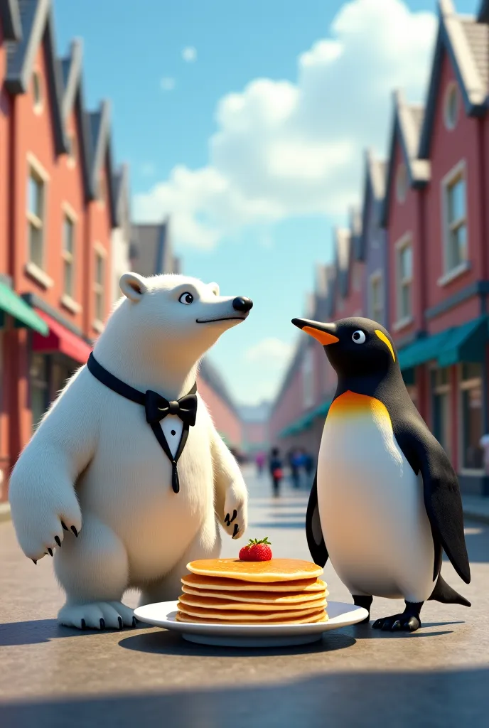 A POLAR BEAR AND A BEAUTIFUL PENGUIN ARE STANDING ON A NEW ROAD, WITH A LARGE PLATE OF PANCAKES, AND GREET GUESTS, GUESTS GO TO TOWN ALONG A WIDE STREET. 