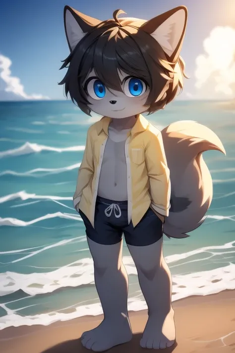 Cute gray wolf fur, short black hair, detailed body, open shirt, swimming trunks, blue eyes, black tail, beach background, high quality, a masterpiece of art. 