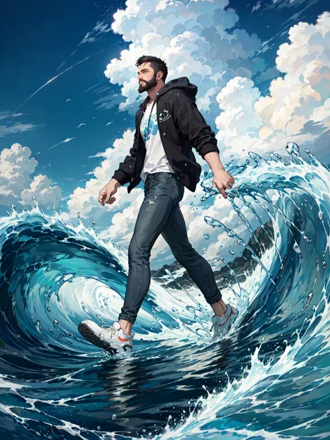 (water particles flying around), hydromancer, toned mature male, water magic, handsome, full beard, short undercut, mystic, modern outfit, masterpiece, eye focus, best quality, anatomically correct, (walk on water: 1.15), water particles flying around, oce...