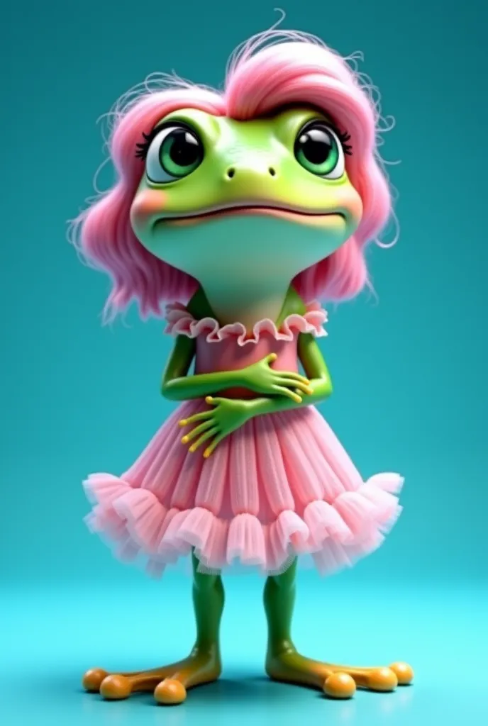 An adorable female frog in Disney-Pixar style, now in her adult phase. Its vibrant green skin maintains a healthy glow, with a delicate pink blush on the cheeks and lips highlighted with soft pink lipstick. Her pink hair, cute and voluminous, is well-groom...